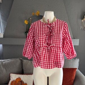 Red Gingham Blouse with Bow Details